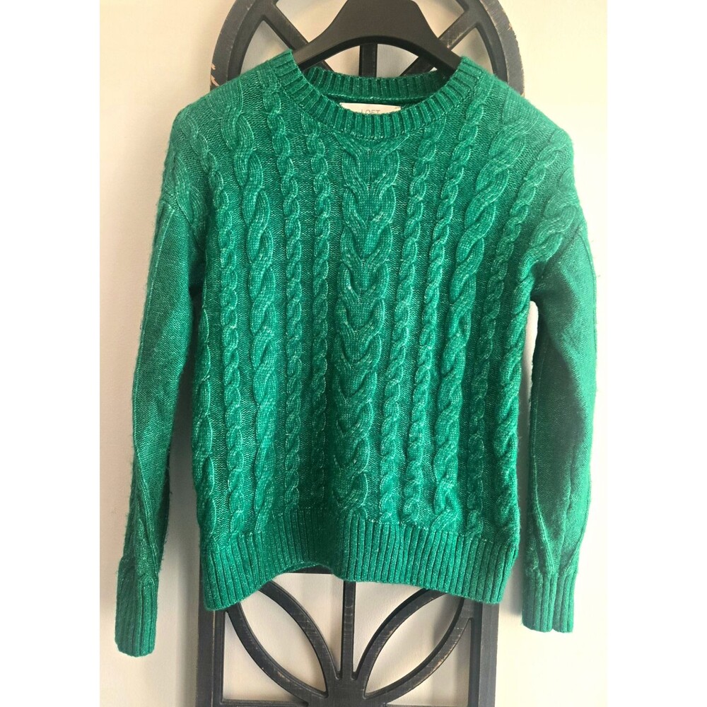 LOFT Vibrant Green Cable-Knit Crewneck Sweater - Size Small Petite (SP)
